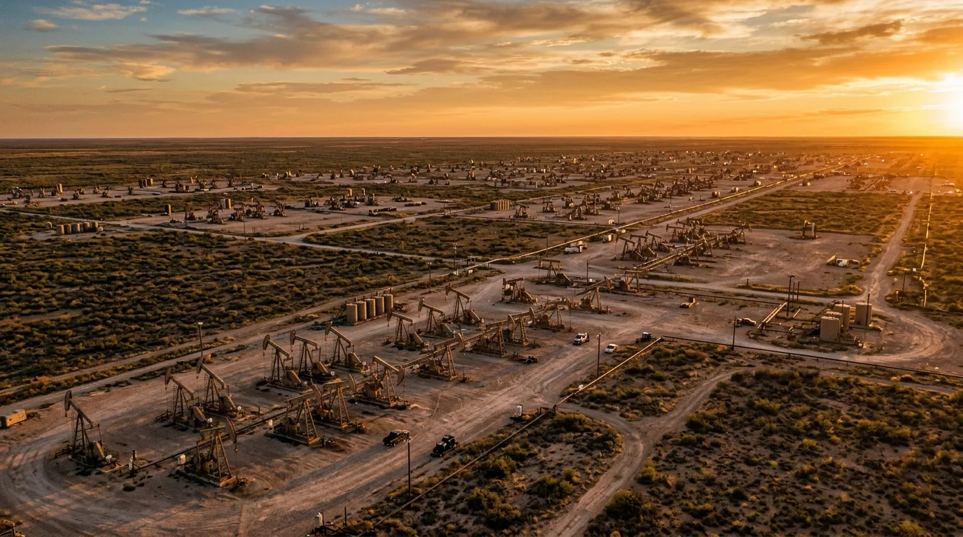 Aerial view of pump jacks in a Texas oil field at golden hour