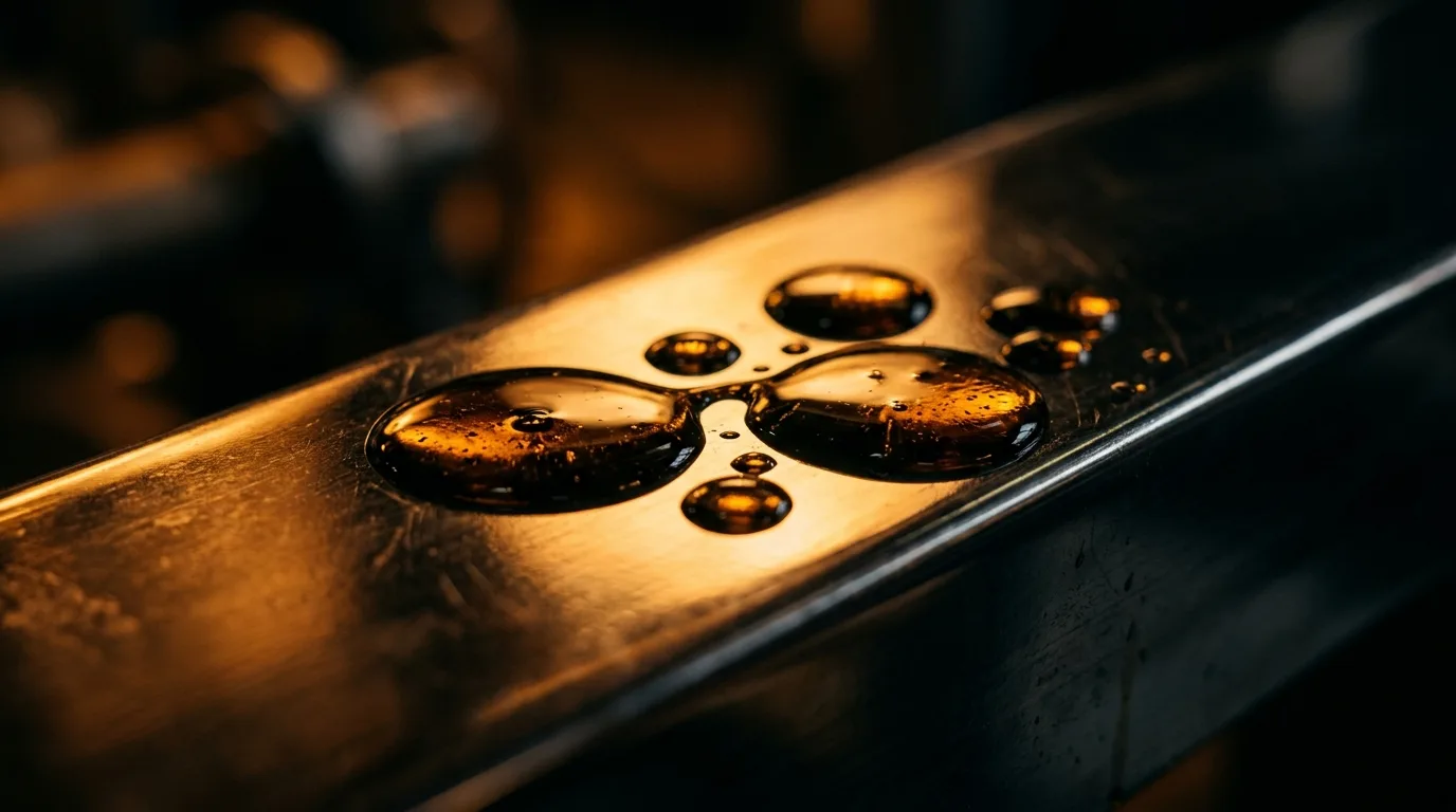 Crude oil droplets on polished metal reflecting warm amber light