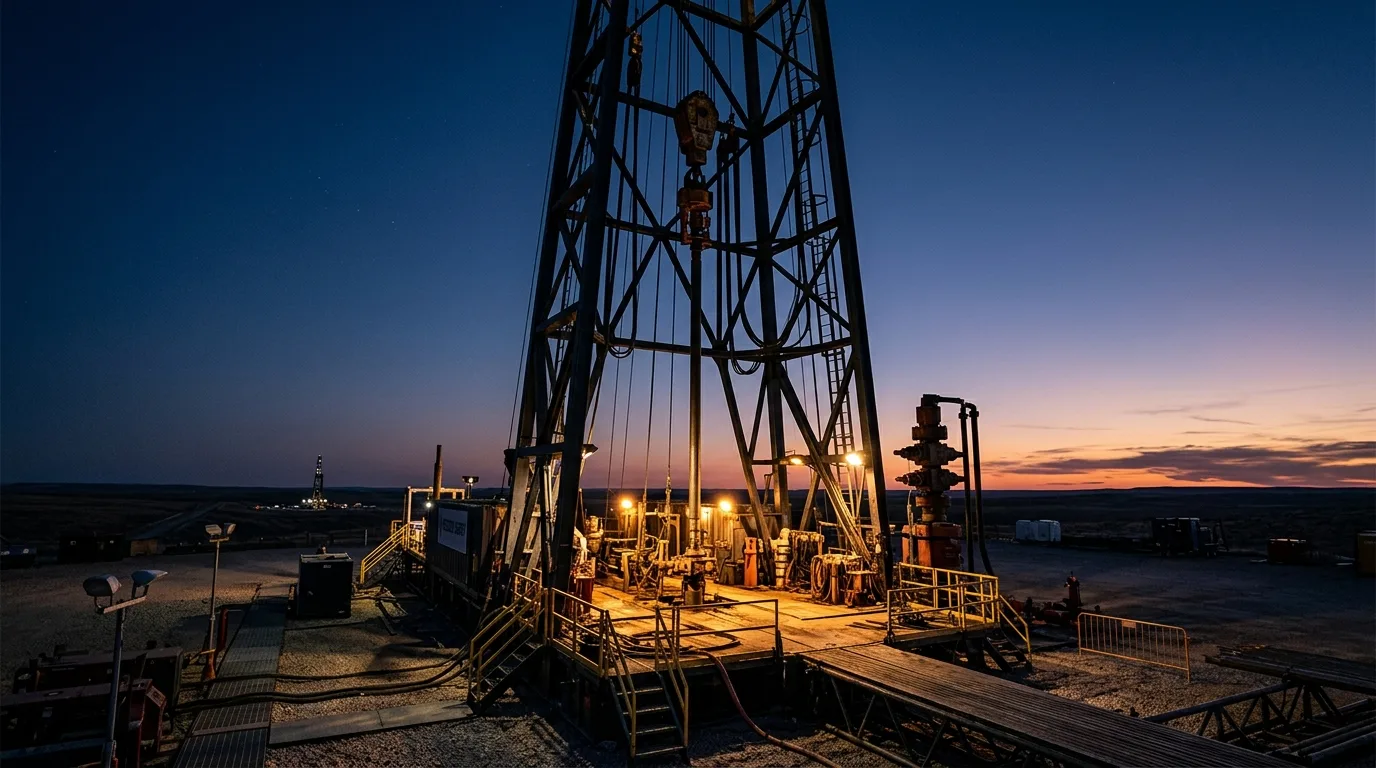 Modern drilling rig illuminated at twilight on an onshore well site